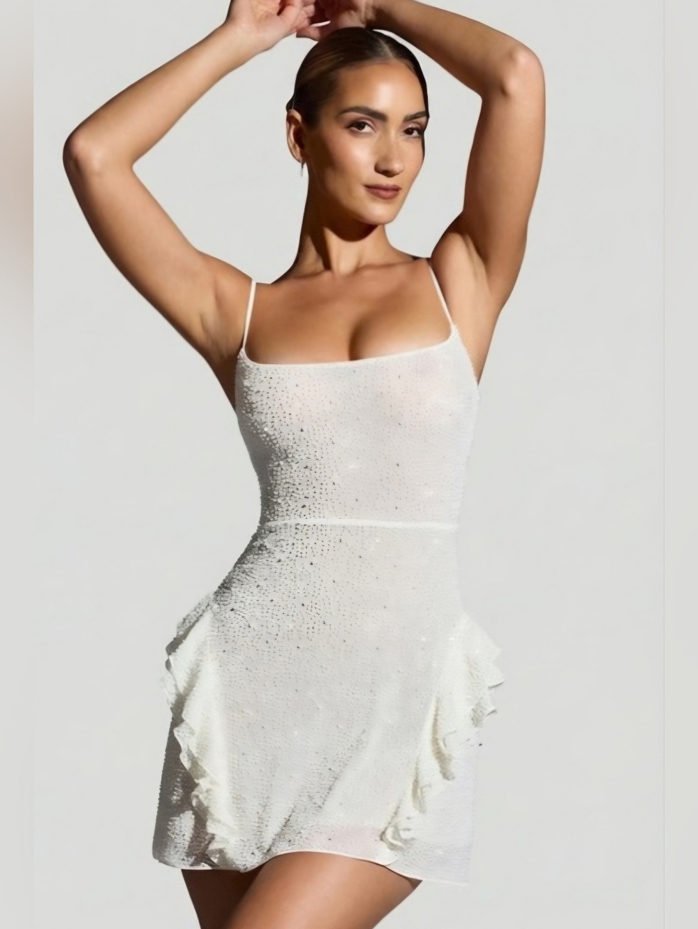 NWT Oh Polly Domblans White Embellished Pearl Ruffle Mini Dress - Size 8